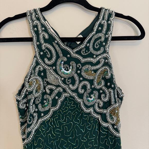 VTG 90s Laurence Kazar Beaded Prom Gown PS Green Silk Evening Formal Cocktail - Picture 3 of 11